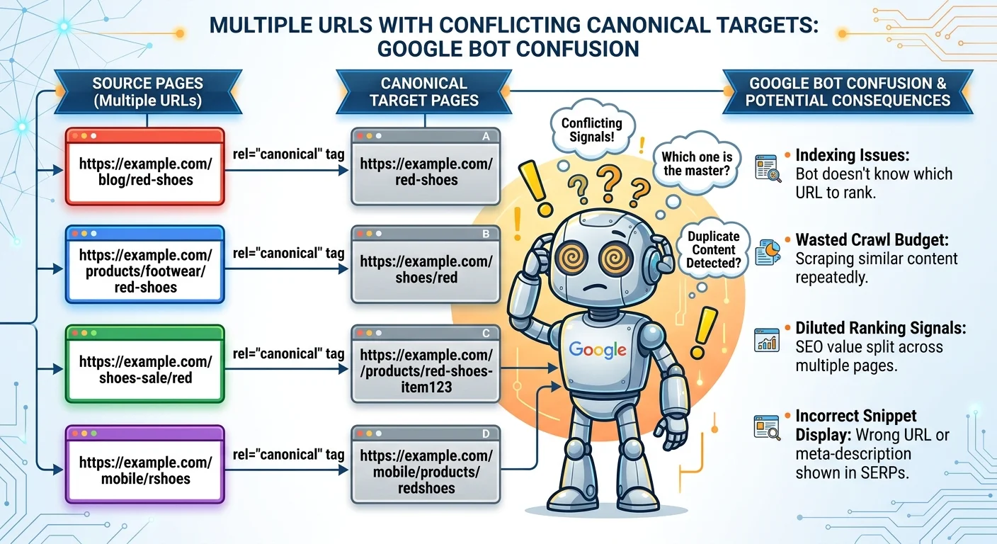 Illustration of canonical tag conflict where duplicate URLs send mixed indexing signals to search engines