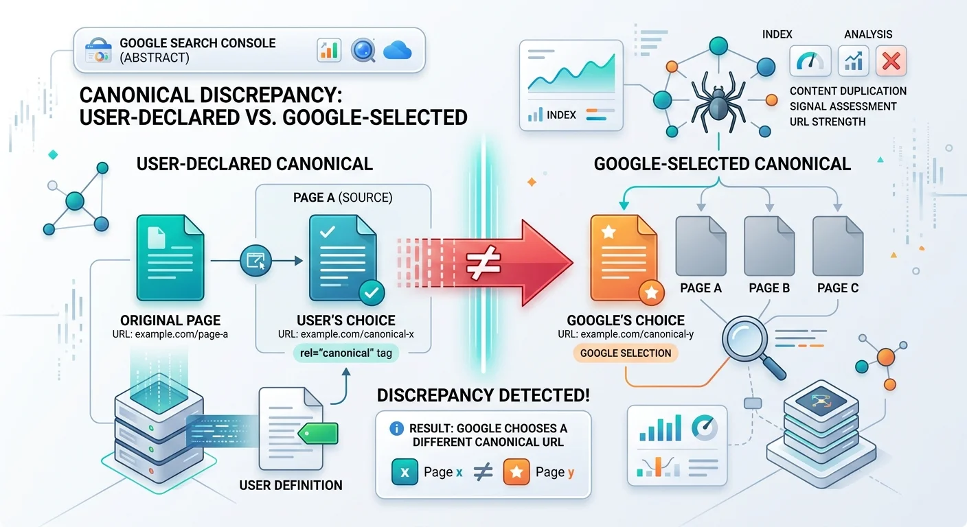 Google Search Console URL inspection showing canonical tag conflict between declared and selected URLs