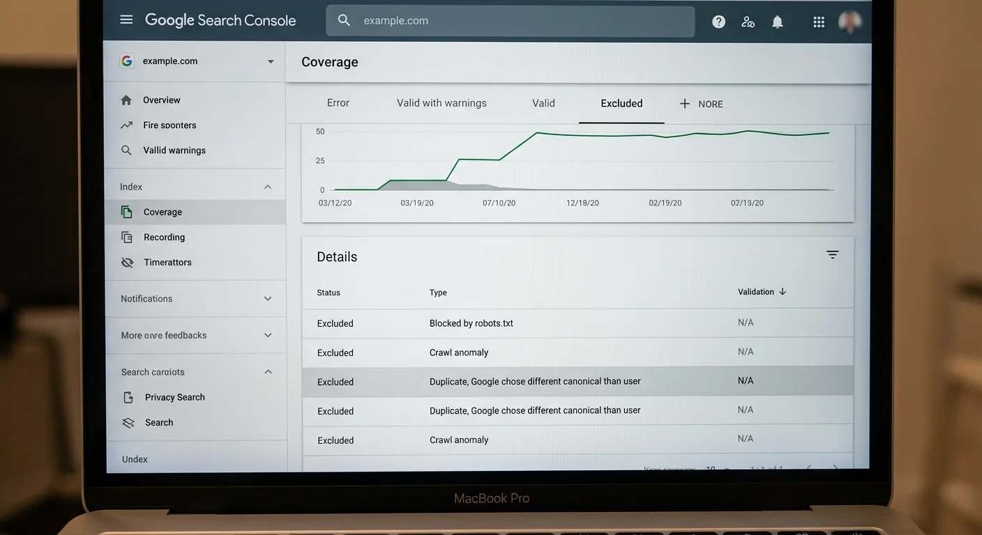 Google Search Console coverage report showing duplicate canonical conflicts