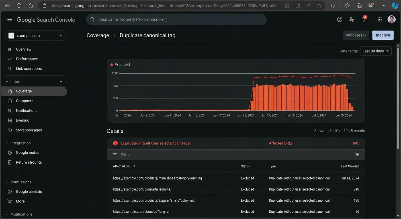 Google Search Console canonical coverage report screenshot