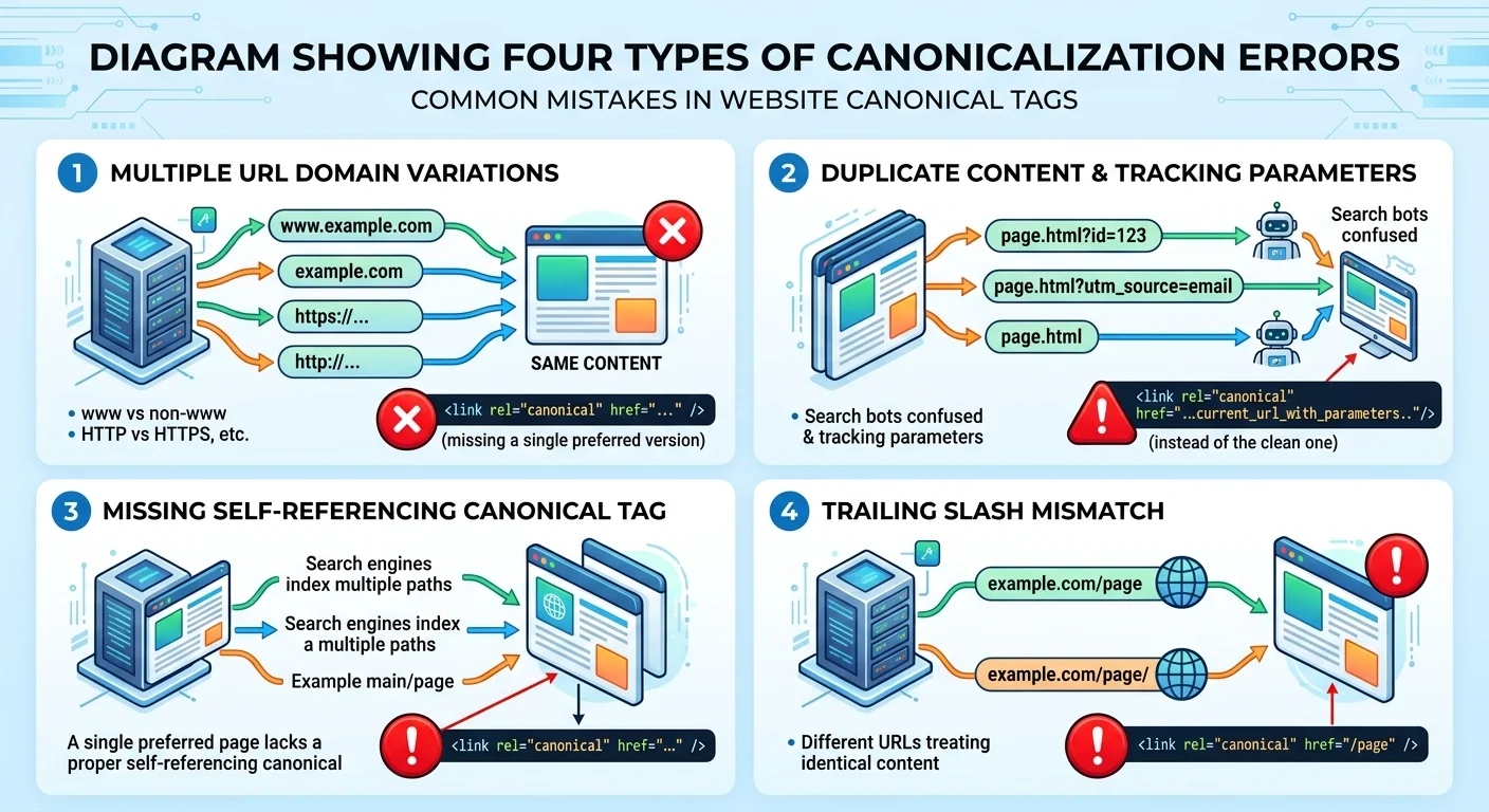 Four common canonicalization errors illustrated with warning indicators