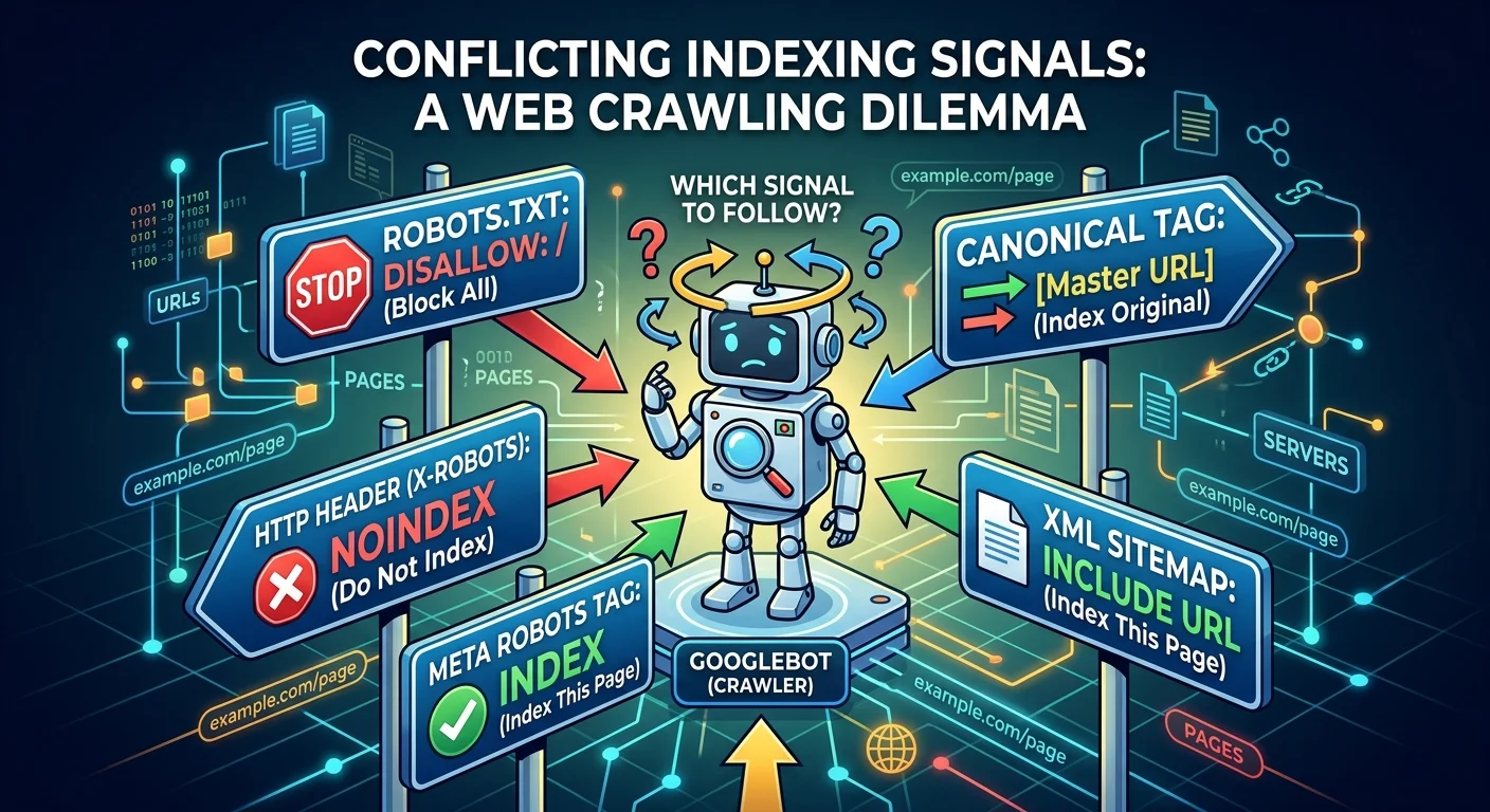 Illustration of conflicting indexing signals confusing Googlebot