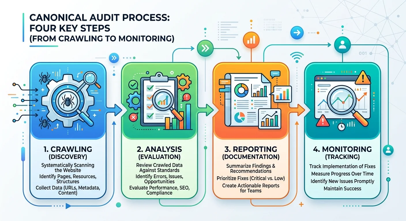 Flowchart illustrating a four-step canonical tag audit workflow